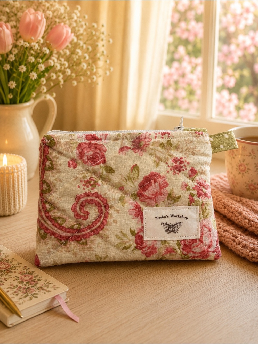 Romantic Floral and Paisley Quilted Zipper Keychain Wallet